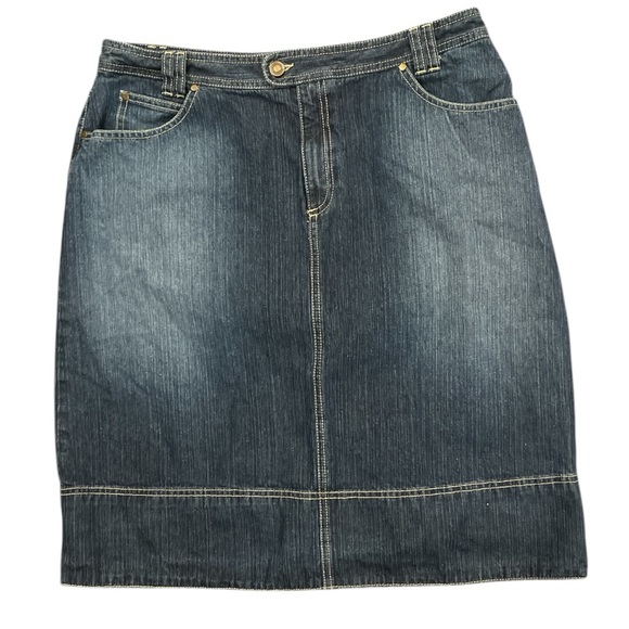 LIZ CLAIBORNE SZ 14 blue denim pencil skirt belt loop front zip with 2 buttons - Picture 1 of 7